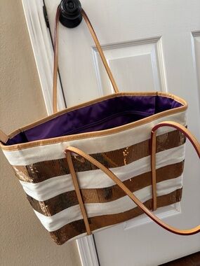 MZ Wallace Gold Sequin Stripe Canvas Tote Bag Purple Lining Leather Handles rare